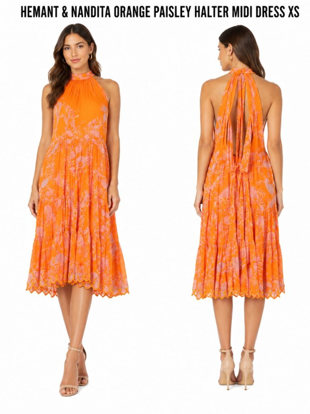 HEMANT & NANDITA ORANGE PAISLEY HALTER MIDI DRESS XS